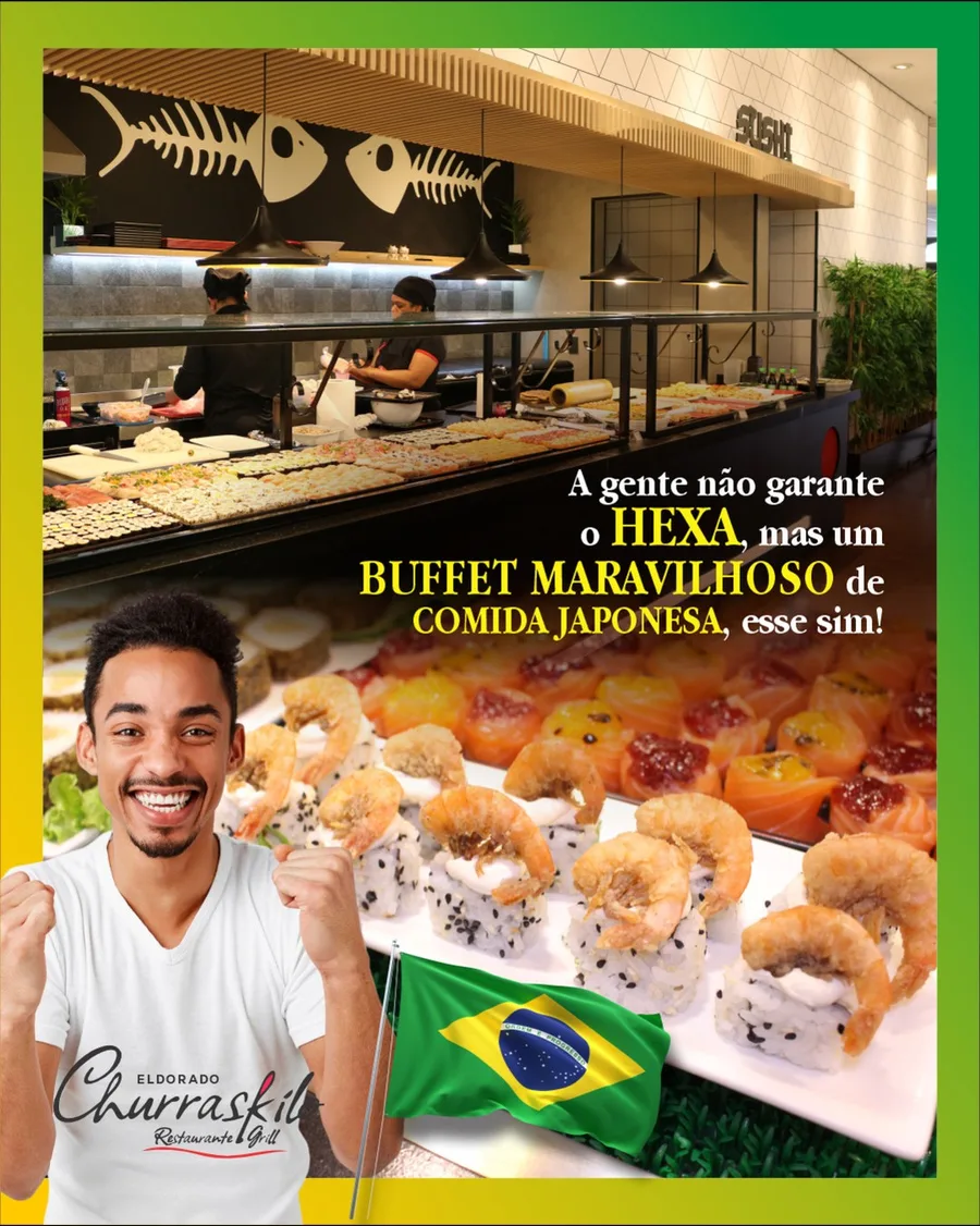 Post com sushimen e bandeja de uramakis com camarão, tema Copa do Mundo
