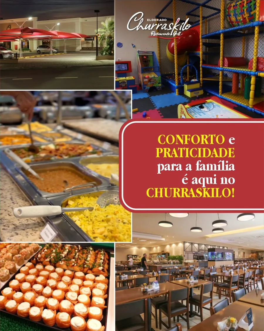 Colagem com estacionamento coberto, espaço kids, buffet e salão
